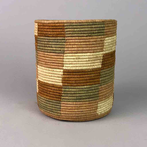 Earth tone checkerboard cylinder tightest weave Batwa basket