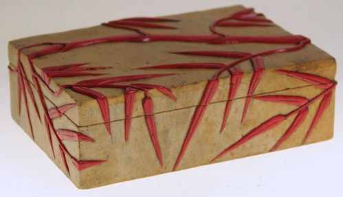 Bamboo Design - Rectangular Red Soapstone Trinket Decor Playing Card Box
