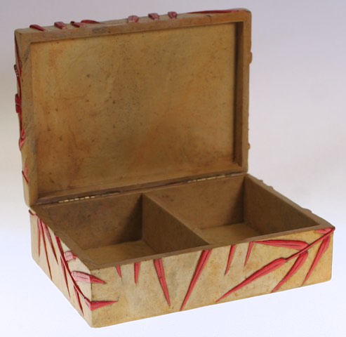 Bamboo Design - Rectangular Red Soapstone Trinket Decor Playing Card Box