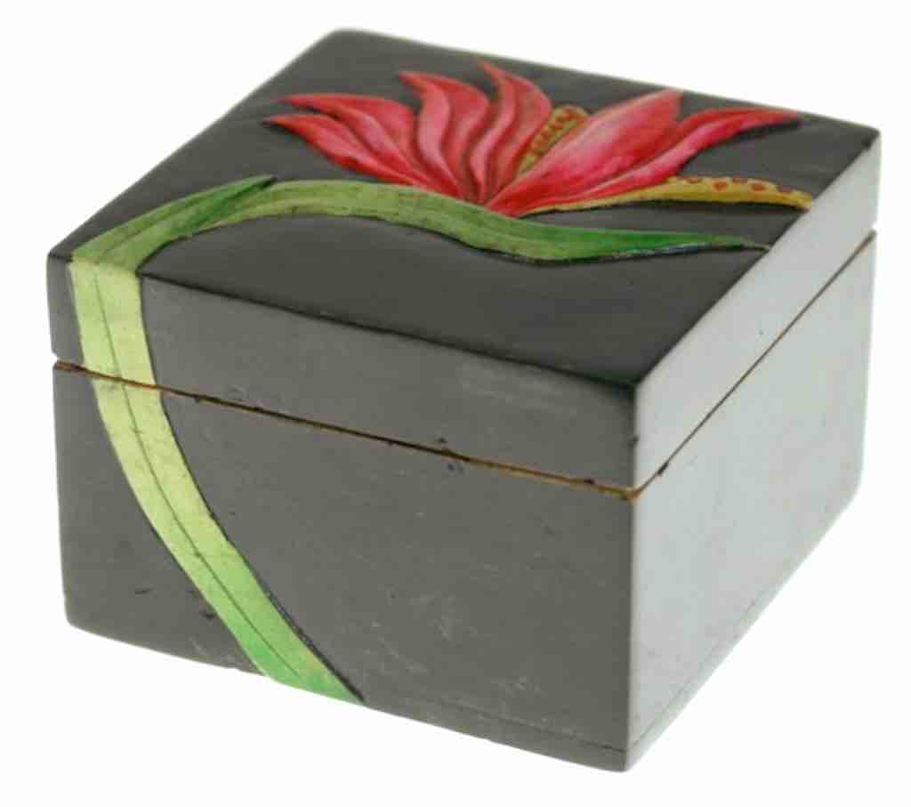 Bird of Paradise Flower Design - Small Black Square Soapstone Trinket Decor Box