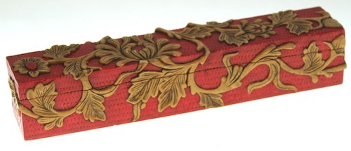 Chrysanthemum Flower Design - Red Long Soapstone Trinket Decor Pencil Box