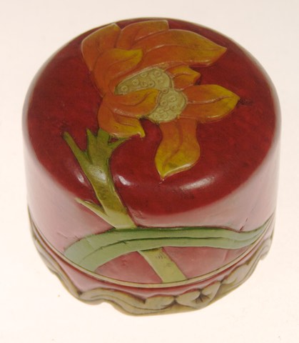 Small Red Cylinder Orchid Design Soapstone Trinket Decor Ring Box