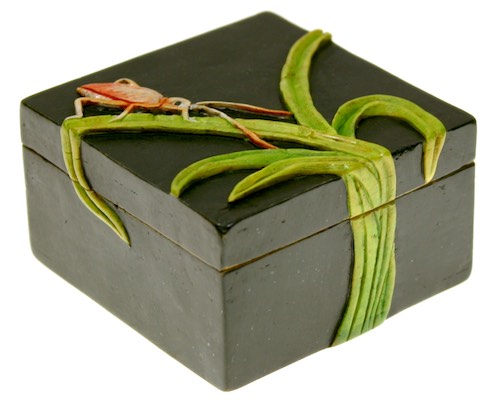 Cricket on Leaves Design Small Black Square Soapstone Trinket Decor Box