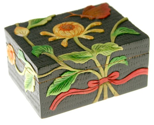 Chrysanthemum & Butterfly Small Rectangle Soapstone Trinket Decor Box