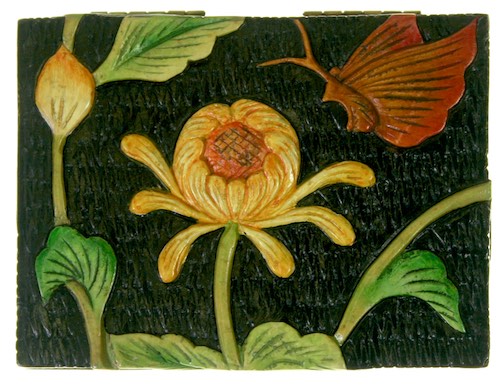 Chrysanthemum & Butterfly Small Rectangle Soapstone Trinket Decor Box