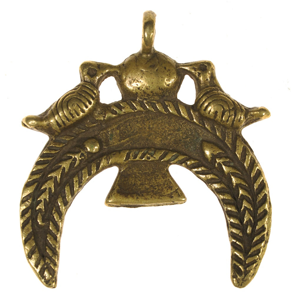 Brass crescent pendant with birds