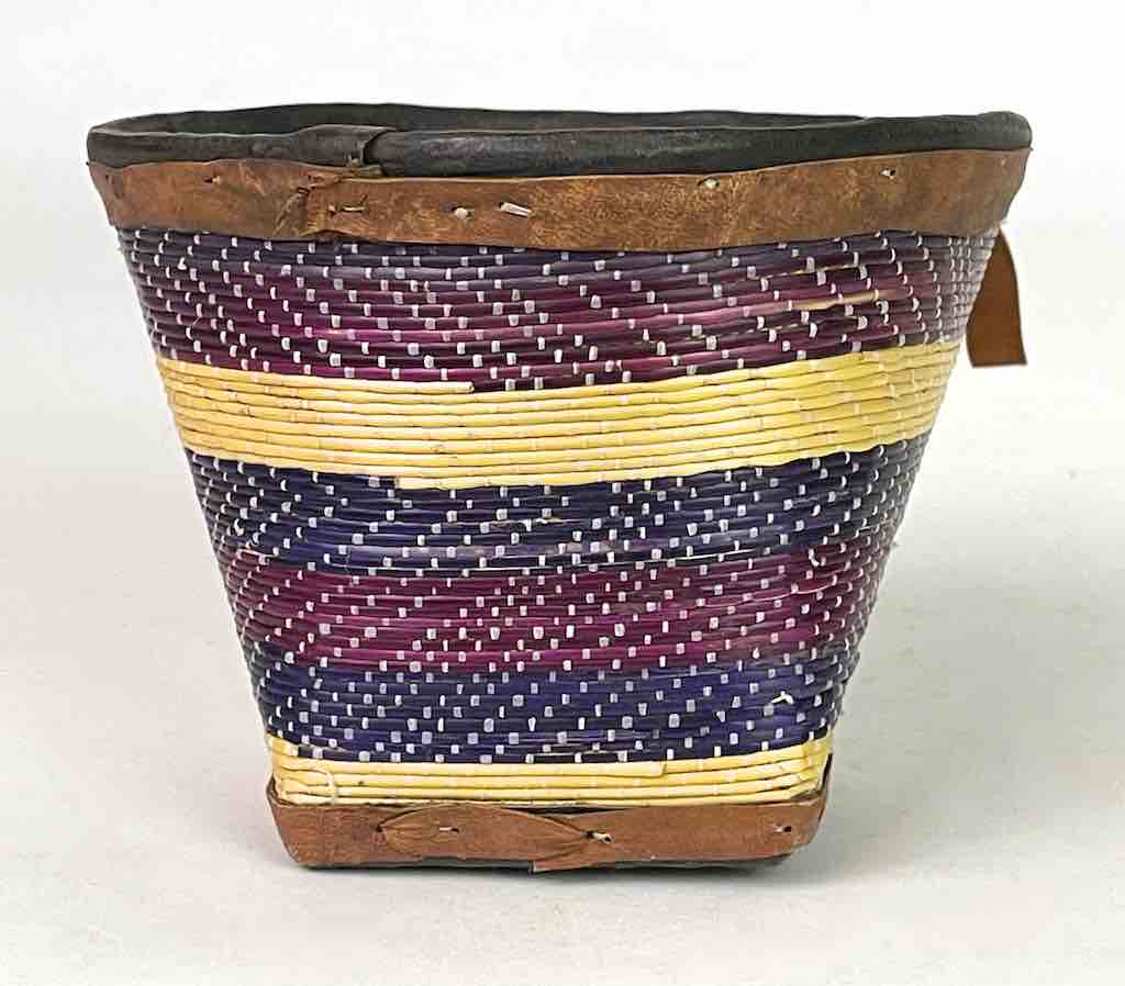 Small Mossi Square-bottom Round-top Leather Trim Colorful Straw Basket