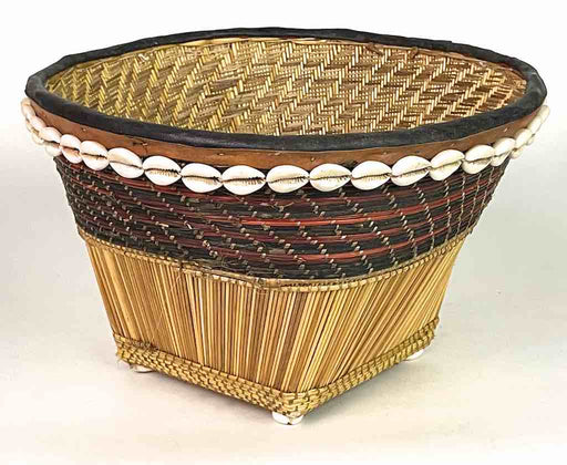 Mossi Square-bottom Round-top Leather & Cowrie Shell Trim Straw Basket