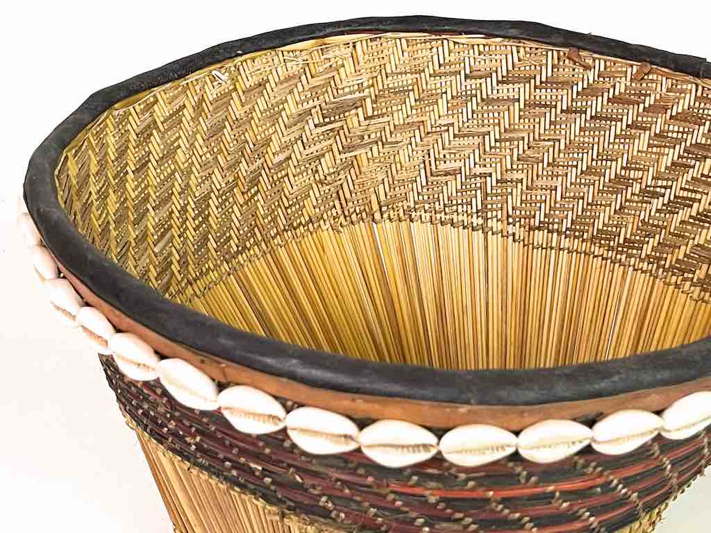Mossi Square-bottom Round-top Leather & Cowrie Shell Trim Straw Basket