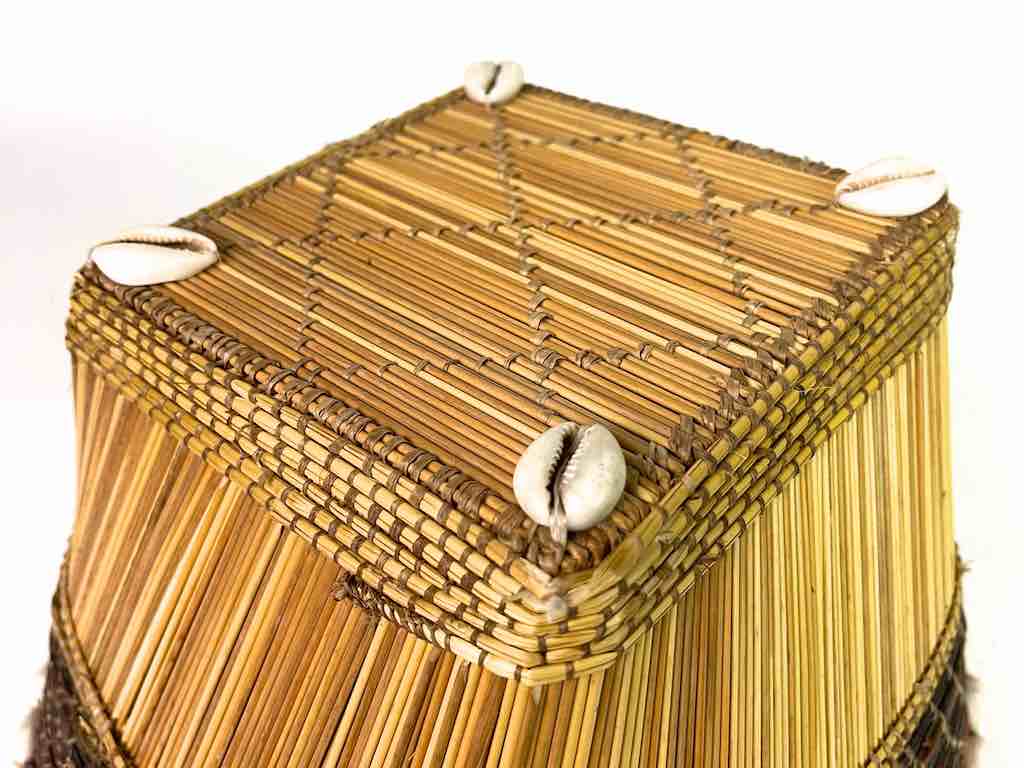 Mossi Square-bottom Round-top Leather & Cowrie Shell Trim Straw Basket