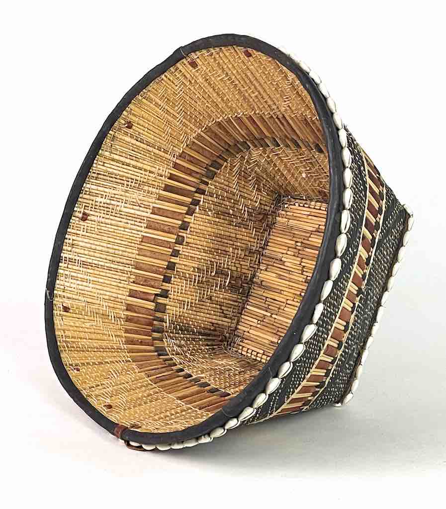 Large Mossi Basket with Cowrie Shells and Leather Decoration - Burkina Faso | 17.5" x 9.75"