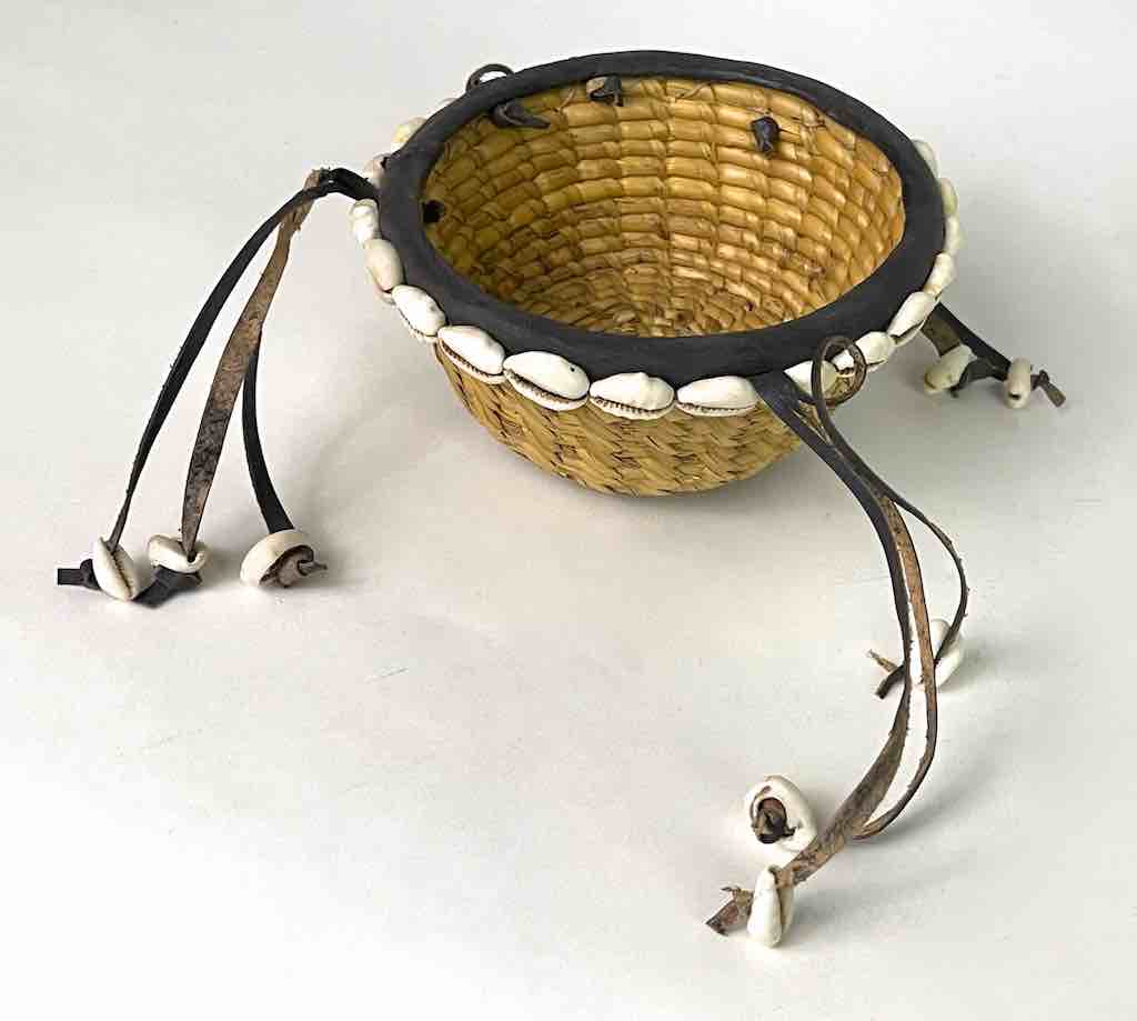 Smallest sorghum stalk leather & cowrie trimmed basket