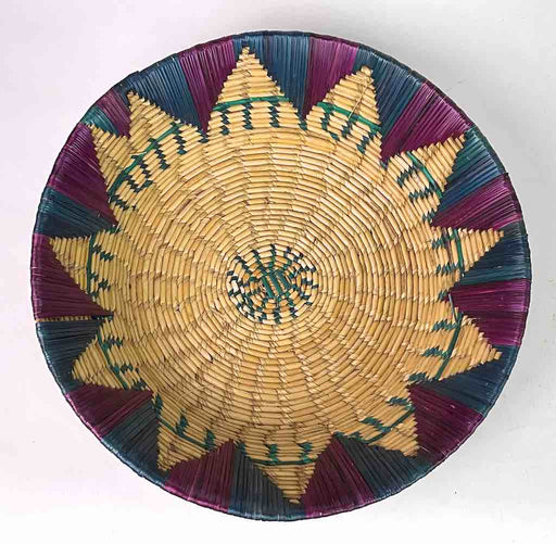 Shallow Light Sorghum Straw Baskets Purple & Green | 13.5" x 3.5"