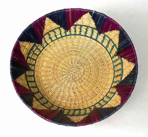 Shallow Light Sorghum Straw Baskets Purple & Green | 13.5" x 3.5"