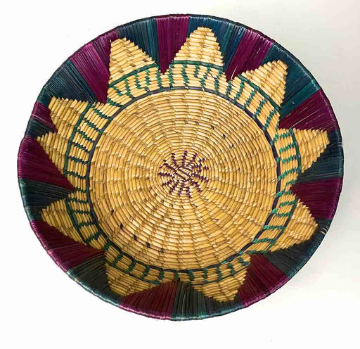 Shallow Light Sorghum Straw Baskets Purple & Green | 13.5" x 3.5"