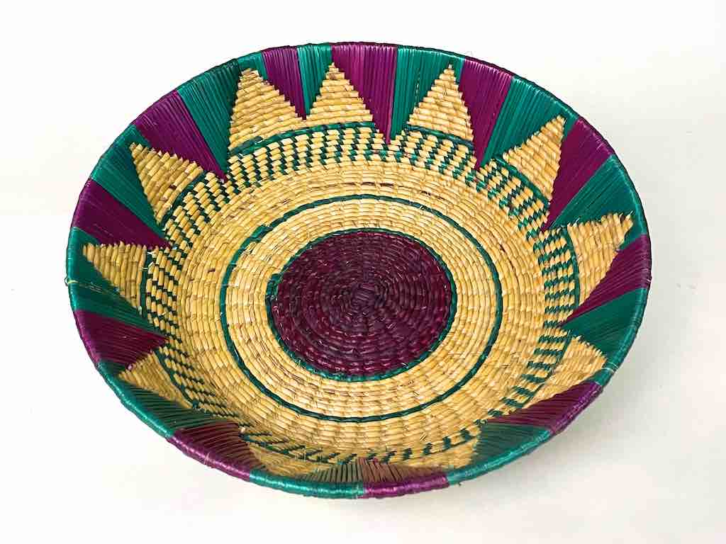 Shallow Light Sorghum Straw Baskets Purple & Green | 13.25" x 3.5"