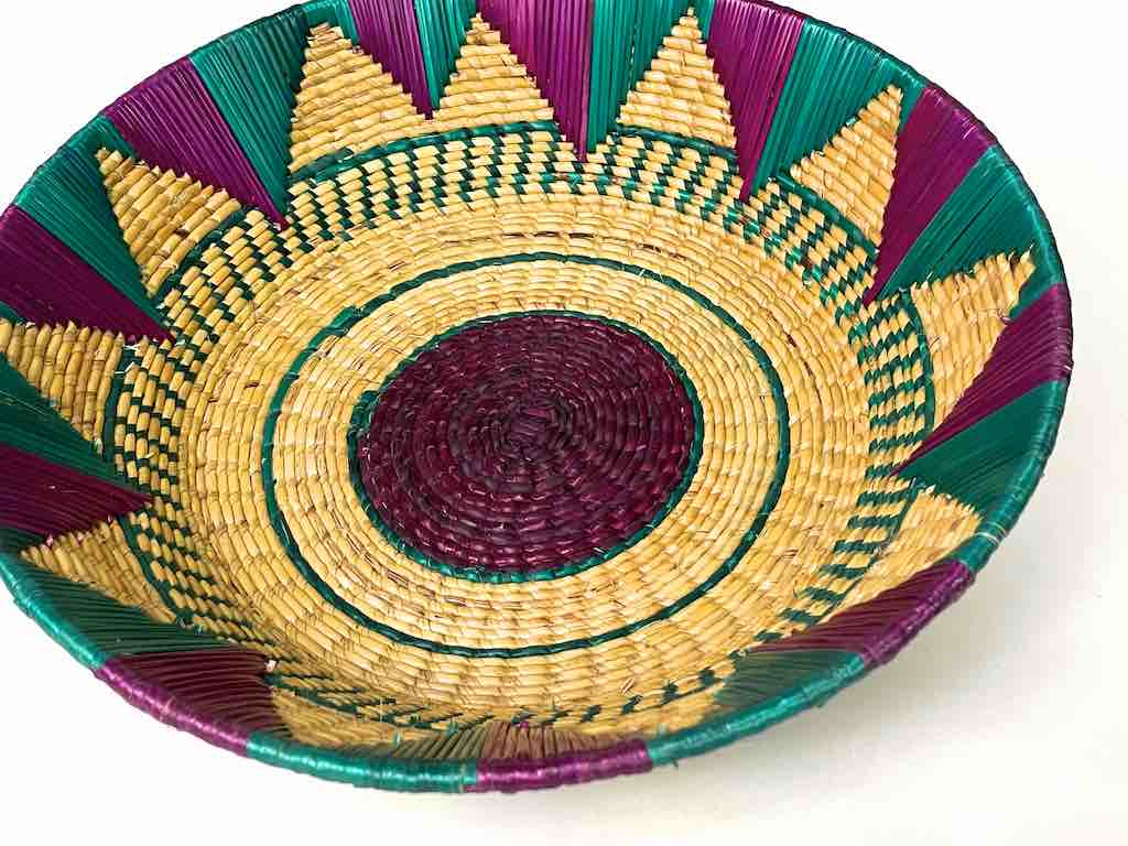 Shallow Light Sorghum Straw Baskets Purple & Green | 13.25" x 3.5"