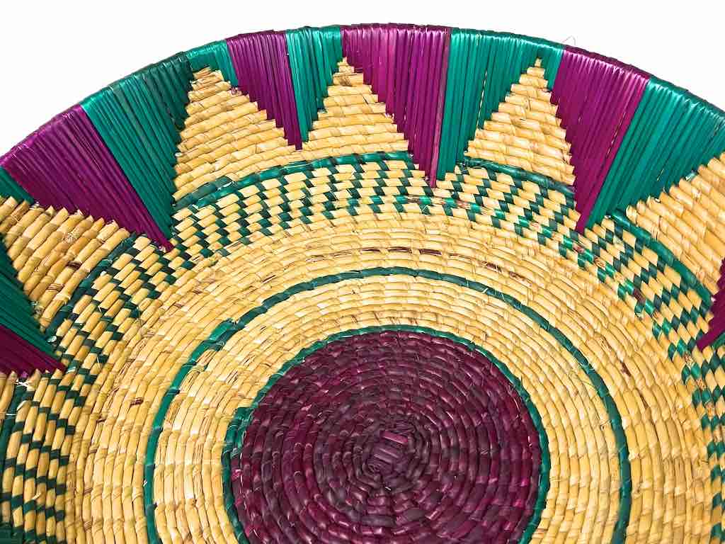 Shallow Light Sorghum Straw Baskets Purple & Green | 13.25" x 3.5"