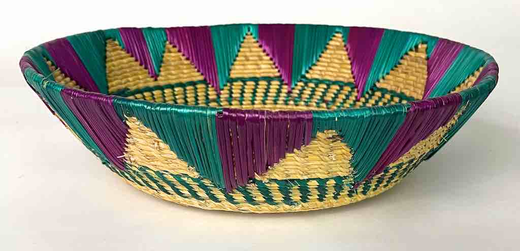 Shallow Light Sorghum Straw Baskets Purple & Green | 13.25" x 3.5"