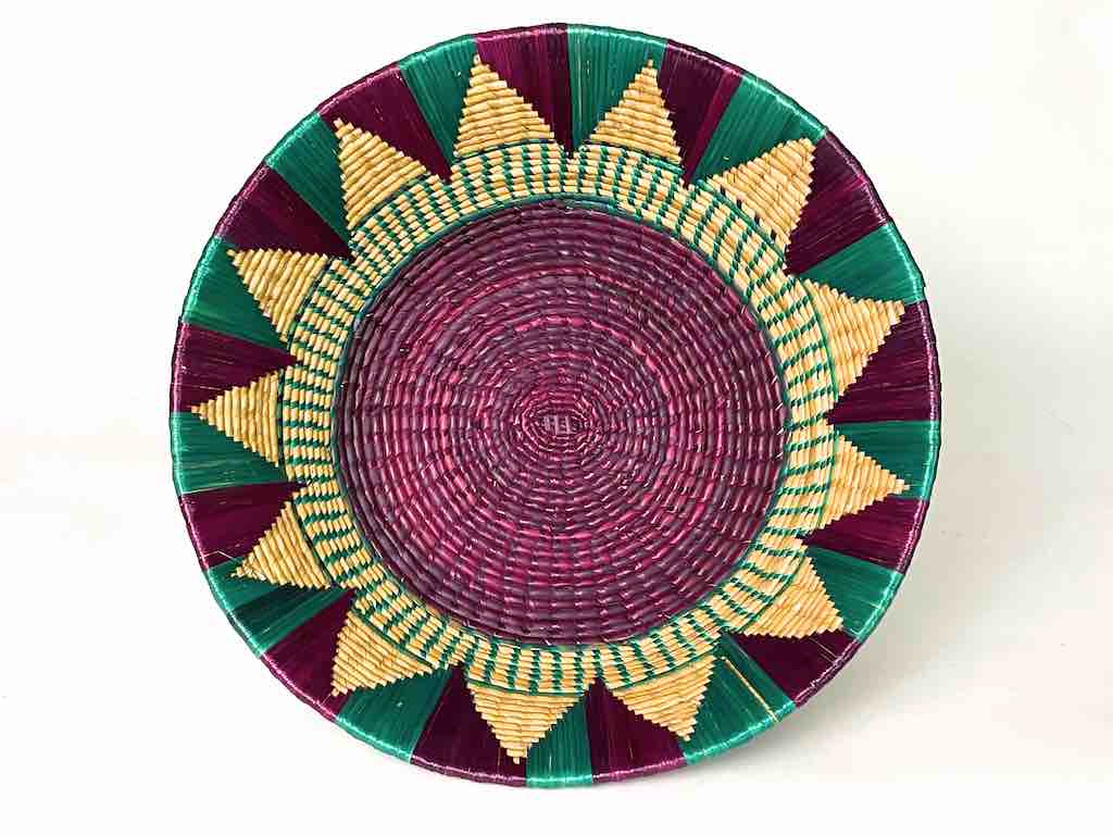 Shallow Light Sorghum Straw Baskets Purple & Green | 16.5" x 5.5"
