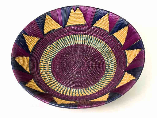 Shallow Light Sorghum Straw Baskets Purple & Green | 13.25" x 2.5"