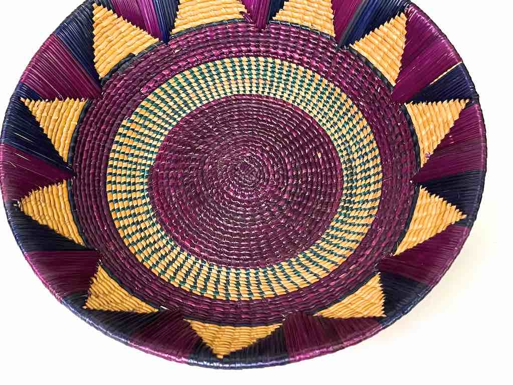 Shallow Light Sorghum Straw Baskets Purple & Green | 13.25" x 2.5"