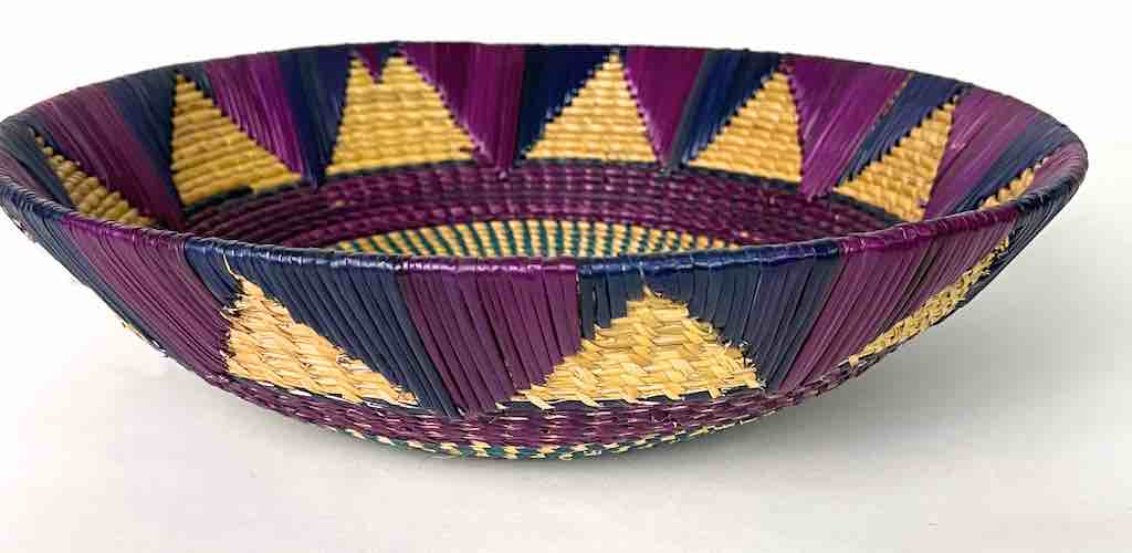 Shallow Light Sorghum Straw Baskets Purple & Green | 13.25" x 2.5"