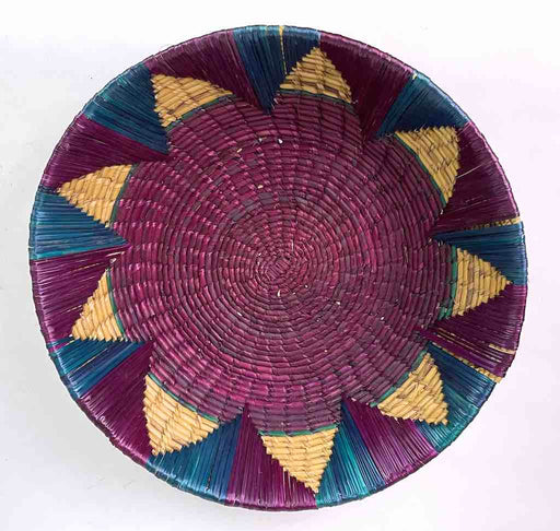 Shallow Light Sorghum Straw Baskets Purple & Green | 12.75" x 3.5"