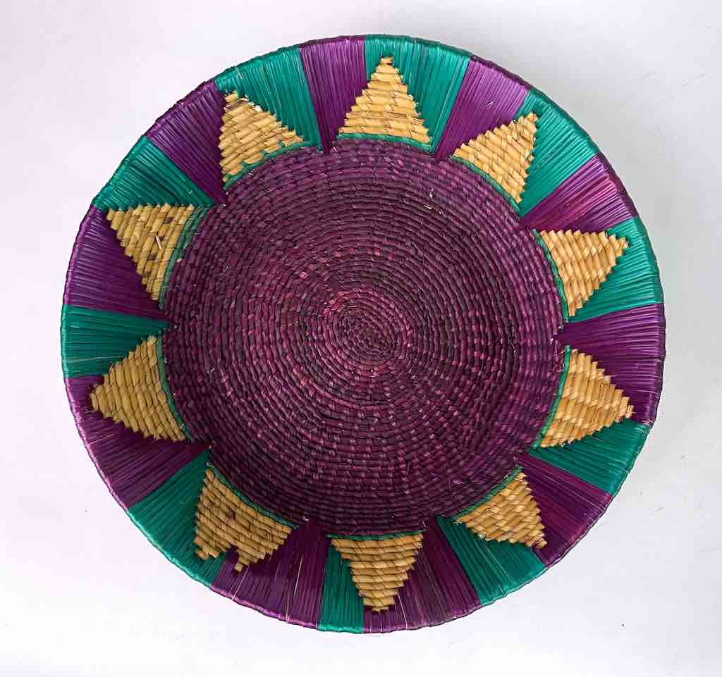 Shallow Light Sorghum Straw Baskets Purple & Green | 11.5" x 2.75"