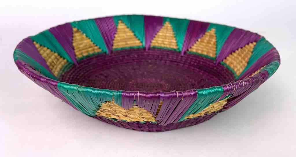 Shallow Light Sorghum Straw Baskets Purple & Green | 11.5" x 2.75"