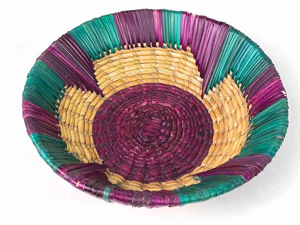 Shallow Light Sorghum Straw Baskets Purple & Green | 8" x 2.25"