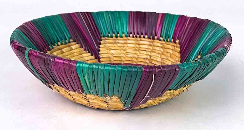 Shallow Light Sorghum Straw Baskets Purple & Green | 8" x 2.25"