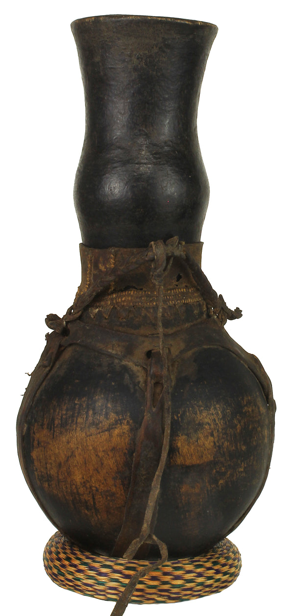 Vintage Wooden & Leather Milk Vessel from Congo, Africa | 15.5" - Niger Bend
