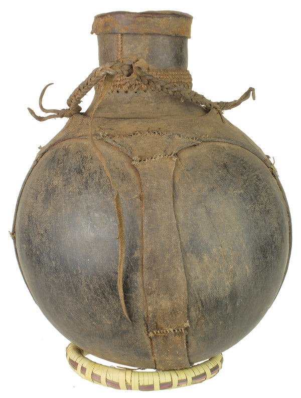 Vintage Wooden & Leather Milk Vessel from Congo, Africa | 15" - Niger Bend