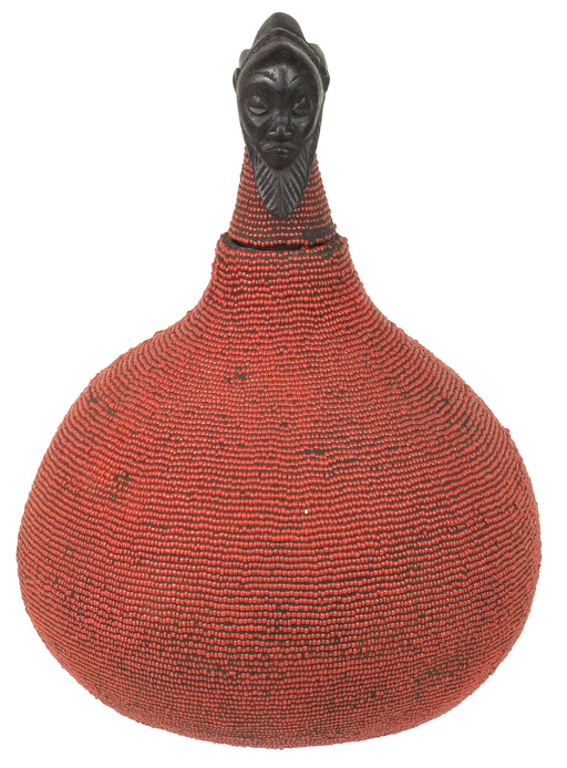 Beaded Decor Gourd from Congo, Africa - Red - Niger Bend