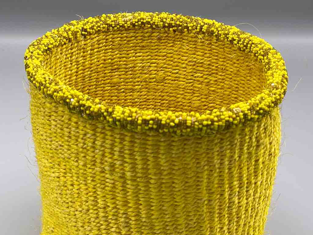 Yellow & Gold Bead Rim Deep Yellow Sisal Cylinder Basket - Kenya