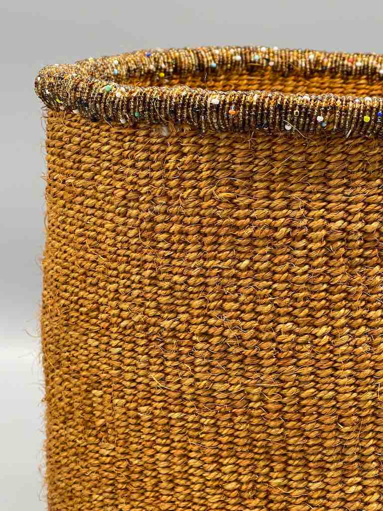 Brown Bead Rim Deep Brown Sisal Cylinder Basket - Kenya