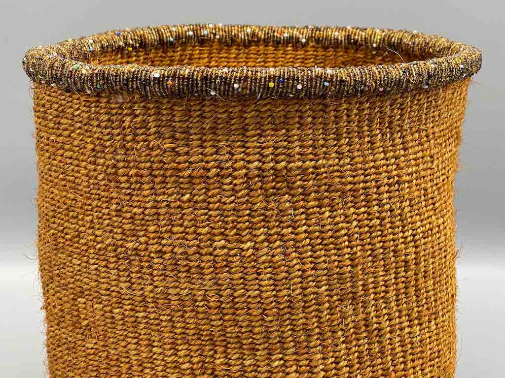 Brown Bead Rim Deep Brown Sisal Cylinder Basket - Kenya