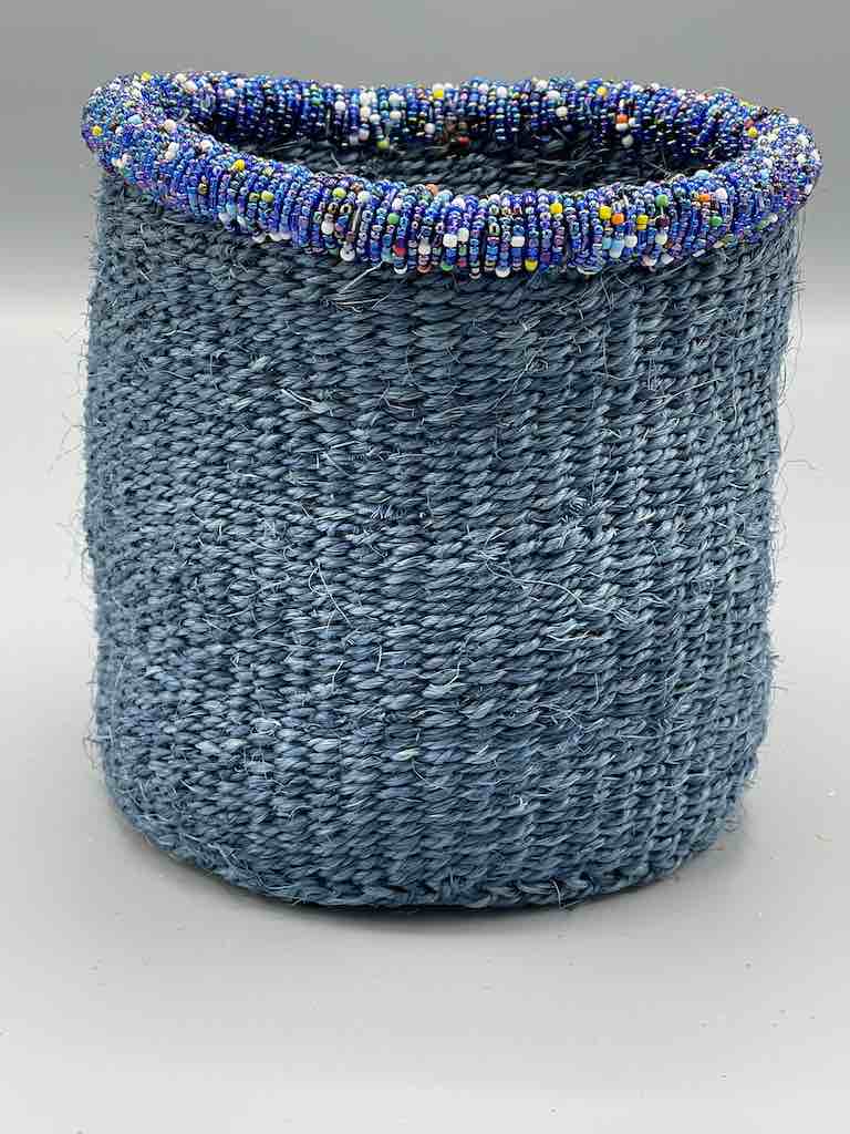 Colorful Bead Rim Deep Blue Sisal Cylinder Basket - Kenya