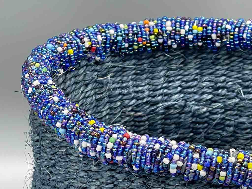 Colorful Bead Rim Deep Blue Sisal Cylinder Basket - Kenya