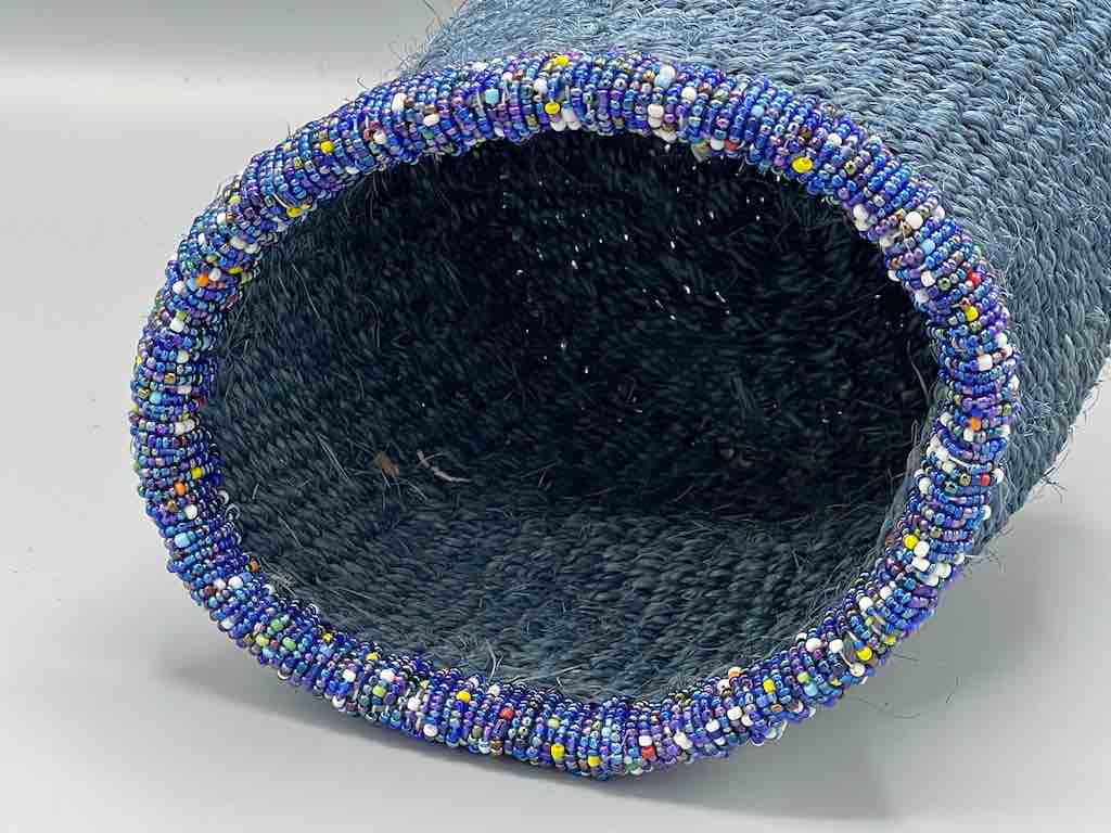Colorful Bead Rim Deep Blue Sisal Cylinder Basket - Kenya