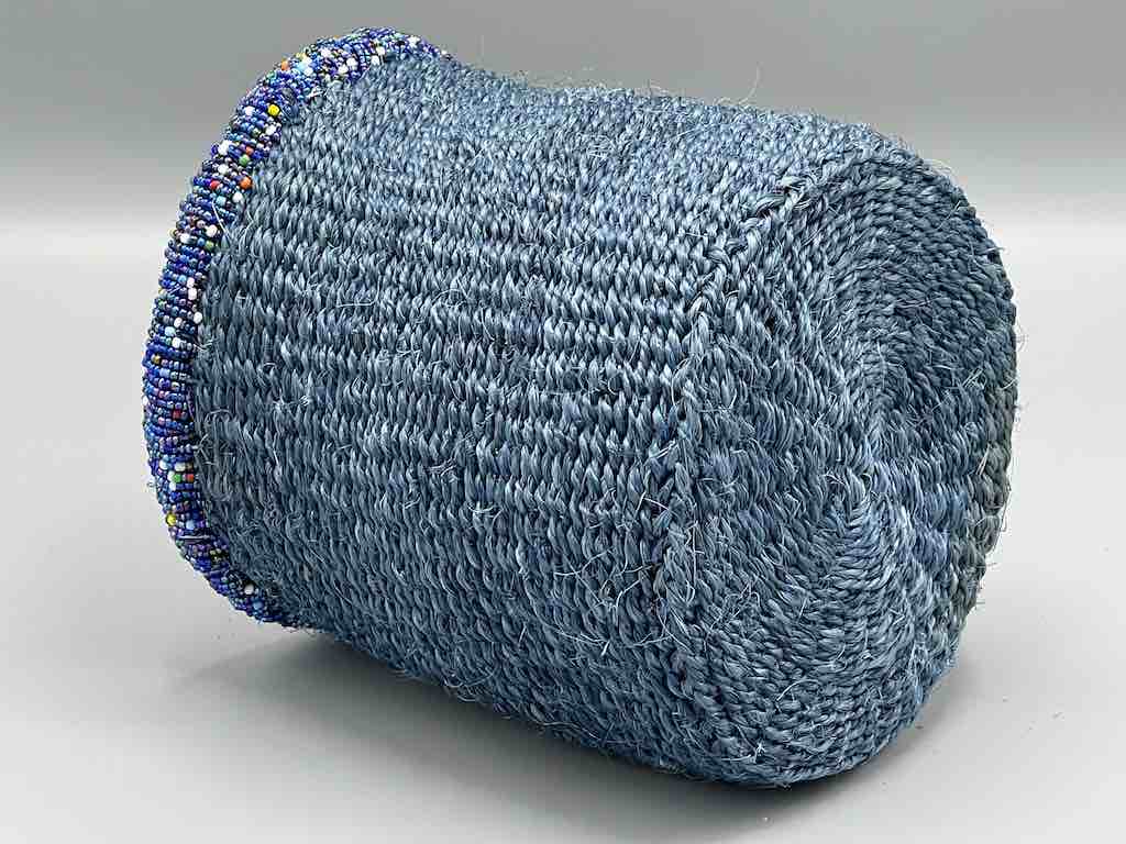 Colorful Bead Rim Deep Blue Sisal Cylinder Basket - Kenya