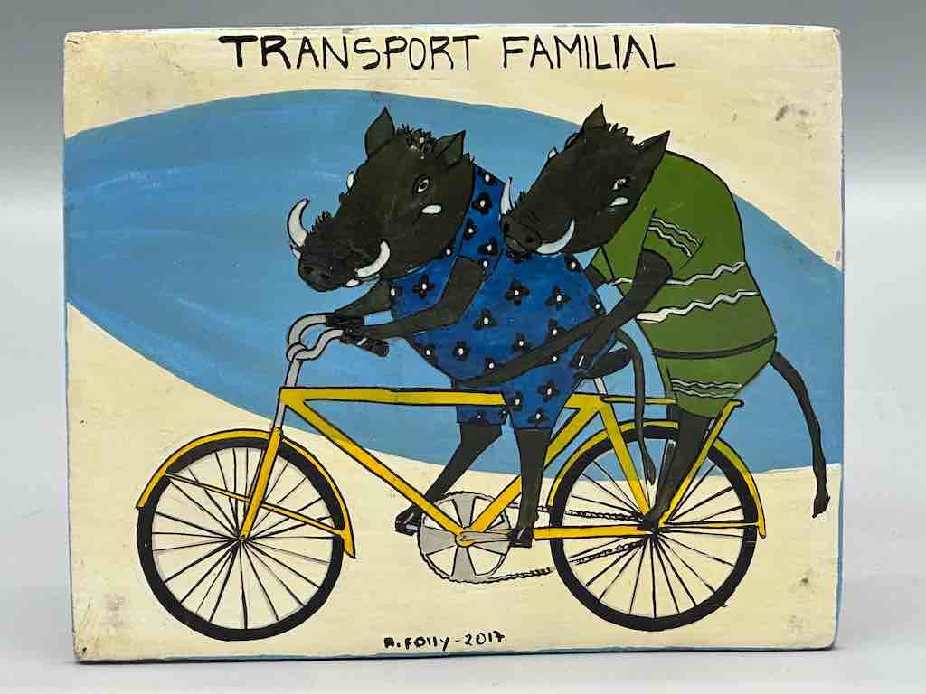 Two Warthogs Riding a Bicycle | Contemporary African Hand Painted Art | Wall Hanging | Frameable Painting | 6.5" x 5"