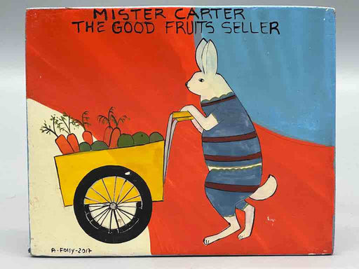 A Rabbit pushing a cart full of vegetables | Contemporary African Hand Painted Art | Wall Hanging | Frameable Painting | 6.5" x 5"