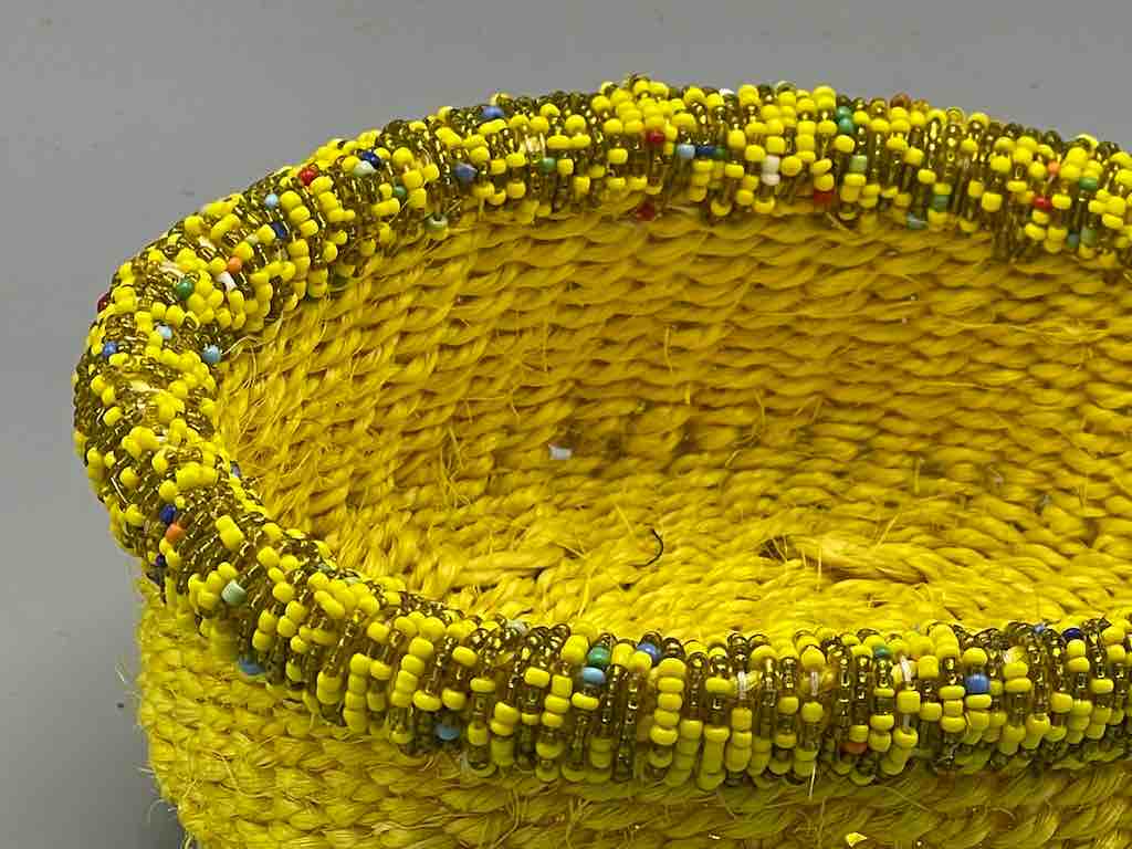 Colorful Bead Rim Shallow Yellow Sisal Round Basket - Kenya