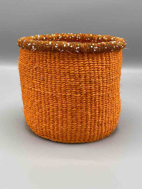 Colorful Bead Rim Deep Orange Sisal Cylinder Basket - Kenya