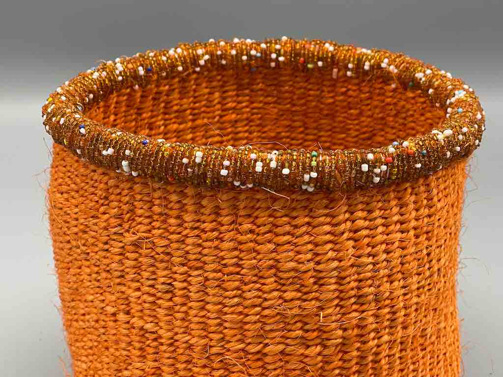 Colorful Bead Rim Deep Orange Sisal Cylinder Basket - Kenya