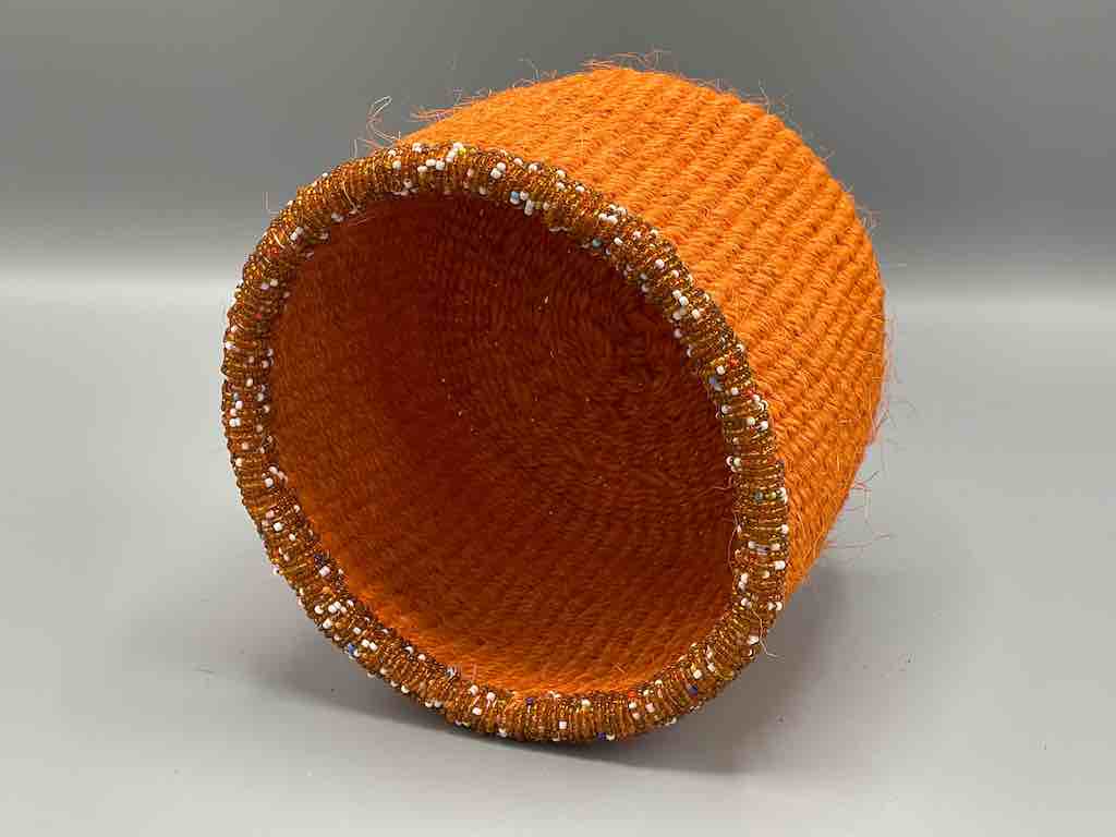Colorful Bead Rim Deep Orange Sisal Cylinder Basket - Kenya