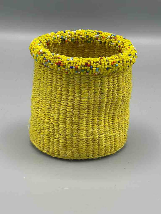 Small Colorful Bead Rim Deep Yellow Sisal Cylinder Basket - Kenya