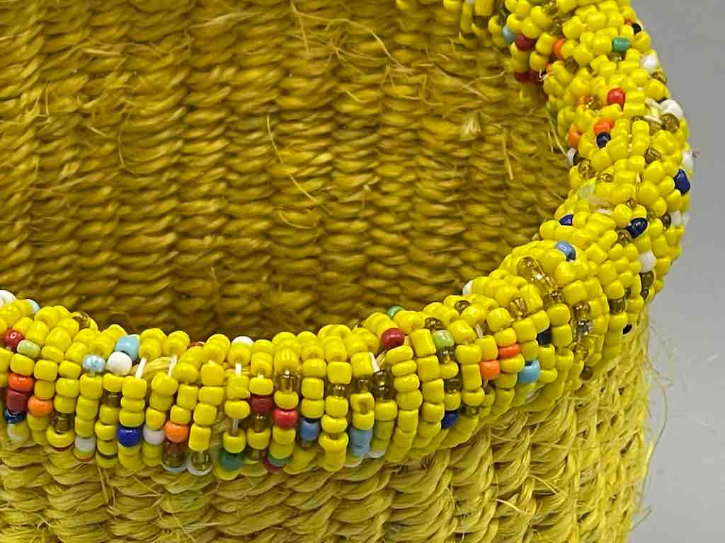 Small Colorful Bead Rim Deep Yellow Sisal Cylinder Basket - Kenya